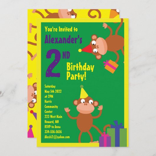 サルの動物の子のバースデーパーティ招待状 招待状 (正面/裏面)