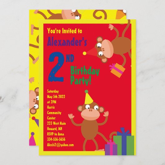 サルの動物の子のバースデーパーティ招待状 招待状 (正面/裏面)