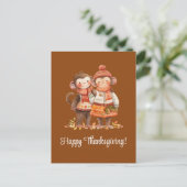 サルの家族が感謝祭を楽しむ シーズンポストカード (スタンド正面)