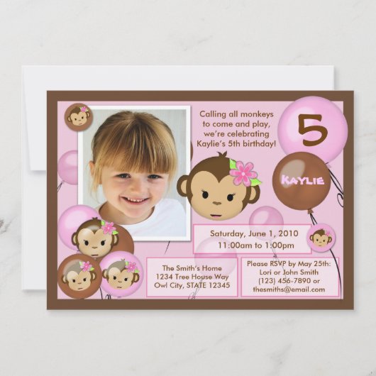 サルの誕生日招待のピンク色(写真) 招待状 (正面)