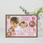 サルの誕生日招待のピンク色(写真) 招待状 (スタンド正面)