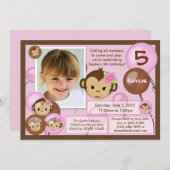 サルの誕生日招待のピンク色(写真) 招待状 (正面/裏面)