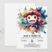 サルよくはしゃぐモダン誕生日 招待状 (正面/裏面)