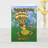 サルハッピーバースデーのケーキを持つ姉妹 カード (黄色い花)