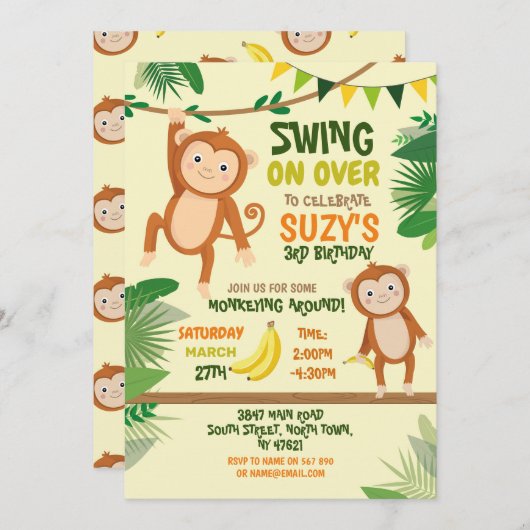 サルパーティー誕生日スイングオーバーイエローおもしろい 招待状 (正面/裏面)