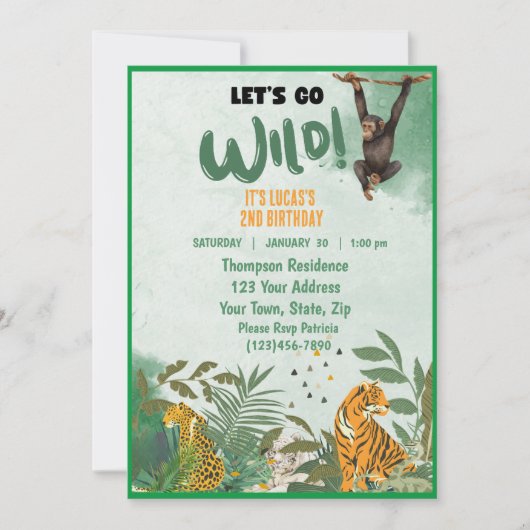 サルファリジャングル動物の誕生日パーティー 招待状 (正面)