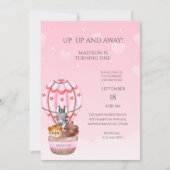 サルファリ動物ホットエアバルーンガールファースト誕生日 招待状 (正面)