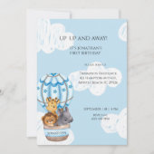 サルファリ動物ホットエアバルーンボーイズ最初の誕生日 招待状 (正面)