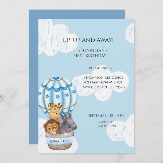 サルファリ動物ホットエアバルーンボーイズ最初の誕生日 招待状 (正面/裏面)