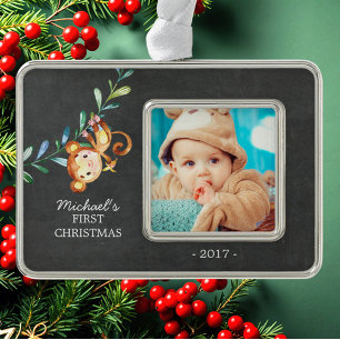 サルベビーの初めてのクリスマス写真オーナメント シルバープレートフレームオーナメント