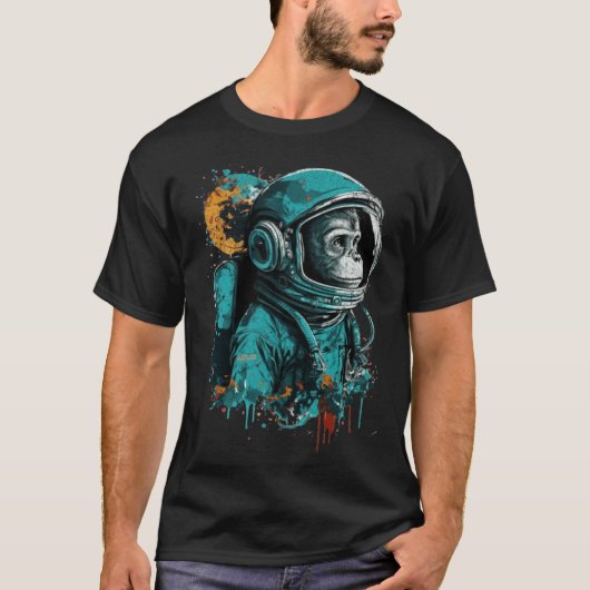サル宇宙飛行士宇宙探査機科学スタッド Tシャツ (正面)