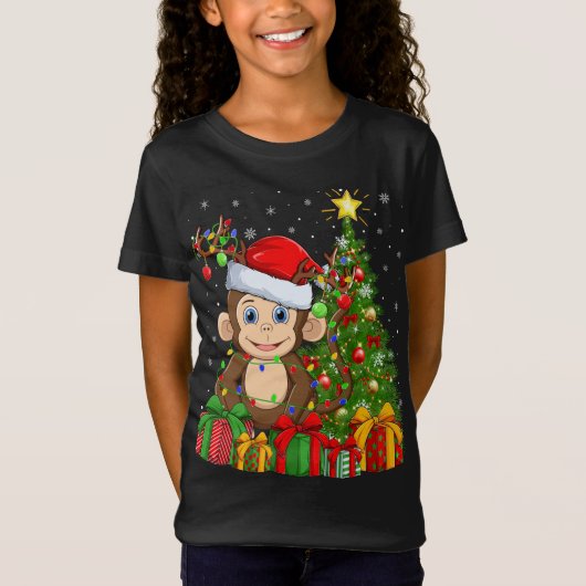 サル照明クリスマスツリーサンタハットモンキークリステム Tシャツ (正面)
