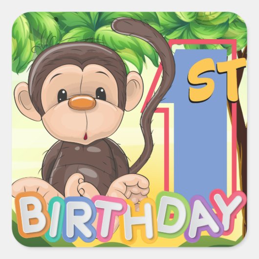 サル1歳の誕生日パーティー スクエアシール (正面)