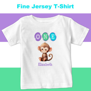 サル1st誕生日ワンと名前パープル ベビーTシャツ
