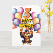 サル3歳の誕生日バルーンカード カード (黄色い花)
