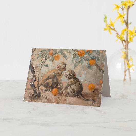 サル - 折りたたみ式グリーティングカード カード (黄色い花)