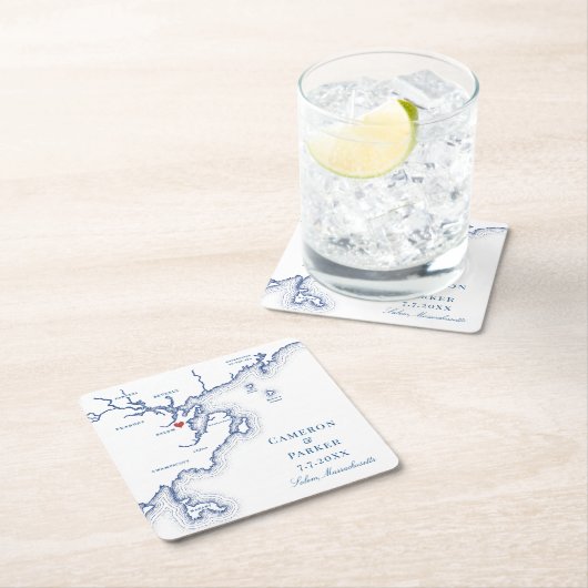 サレムMAマップエレガントネイビーブルー結婚式の引き出物 スクエアペーパーコースター (インサイチュ)