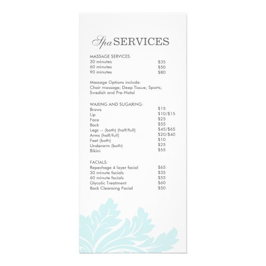 サロンとスパの価格表とラック・カード ラックカード (裏面)