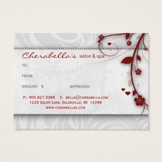サロンのギフトカードスパの花の花柄の赤いハート (裏面)