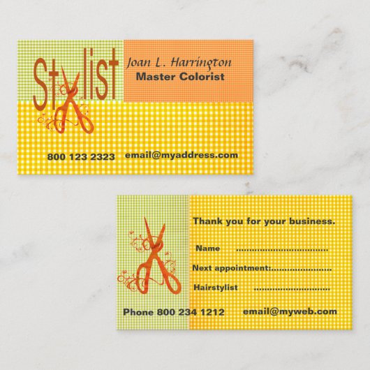 サロンの時間通りのギンガムパターン美容師 予約カード (正面/裏面)