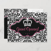 サロンの郵便はがきのダマスク織の白黒のピンクフレーム インビテーションポストカード (正面/裏面)