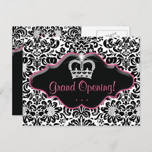 サロンの郵便はがきのダマスク織の白黒のピンクフレーム インビテーションポストカード (正面/裏面)