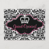 サロンの郵便はがきのダマスク織の白黒のピンクフレーム インビテーションポストカード (正面)