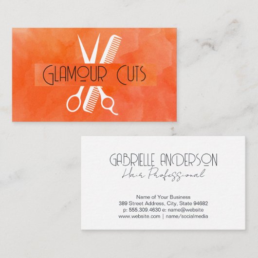 サロンはさみ櫛のロゴ |水彩テクスチャ 名刺 (正面/裏面)