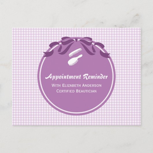 サロンアポイントメントリマインダーかわいいカントリーパープルボウ ポストカード (正面)