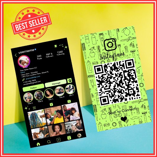 サロンインスタグラムライムグリーン |ソーシャルメディアQRコード 名刺