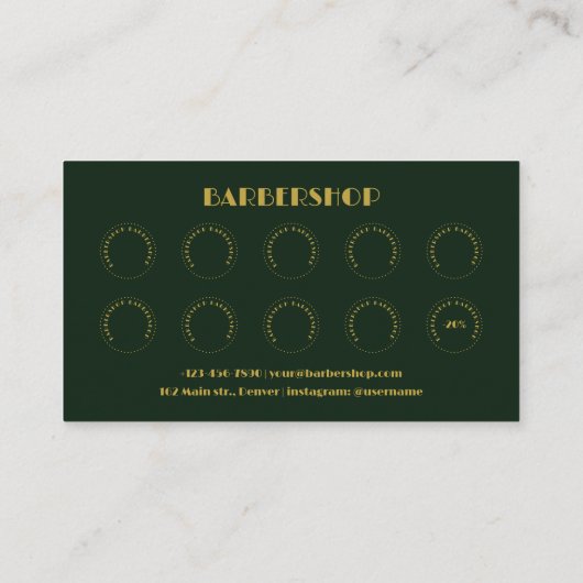 サロンエレガントグリーンと金ゴールドバーバーショップ ロイヤリティカード (裏面)