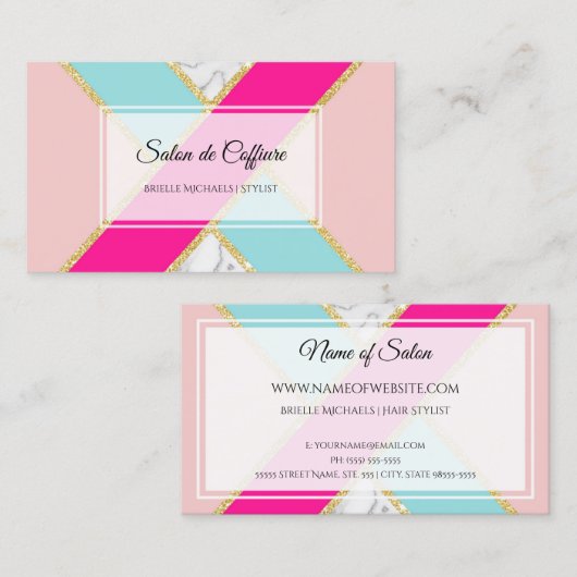 サロンエレガントピンクとブルーのグリッターと大理石 名刺 (正面/裏面)