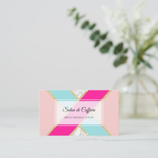 サロンエレガントピンクとブルーのグリッターと大理石 名刺 (スタンド正面)