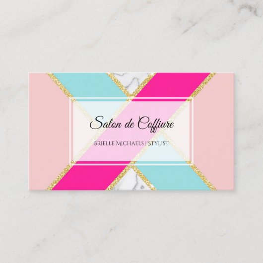 サロンエレガントピンクとブルーのグリッターと大理石 名刺 (正面)