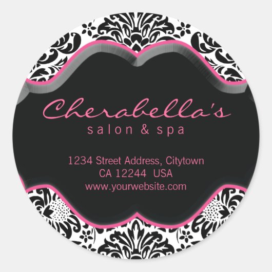 サロンスパシールピンク白黒ダマスク ラウンドシール (正面)