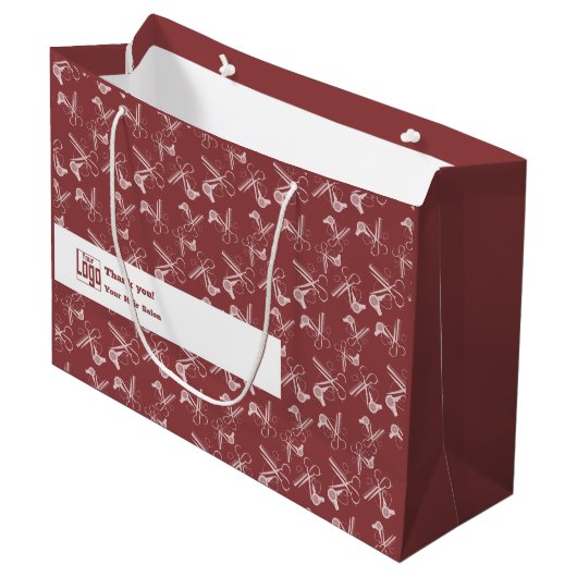 サロンツールパターンロゴモットーQRコードバーガンディ ラージペーパーバッグ (正面アングル)