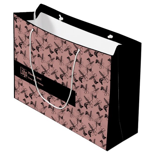 サロンツールパターンロゴモットーQRコードピンクブラック ラージペーパーバッグ (正面アングル)