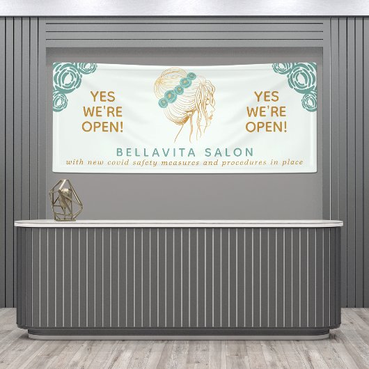 サロンティール(緑がかった色)金ゴールドフローラUpdoロゴCovid再開口部 横断幕