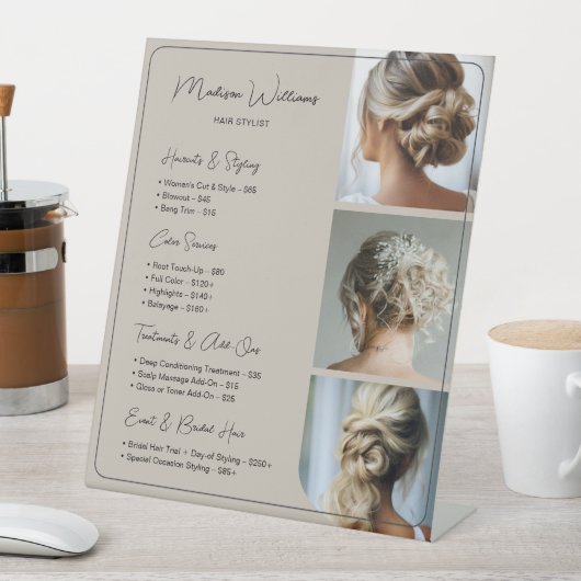 サロンヘアスタイリストサービス価格表ベージュ 台座サイン (インサイチュ)