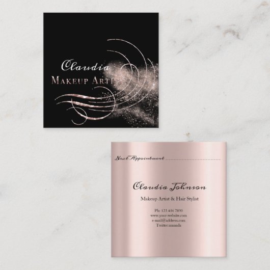 サロンメイクアップアーティストアポイントメントカードピンクグリッター スクエア名刺 (正面/裏面)