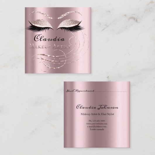 サロンメイクアップアーティストアポイントメントカードピンクローズ スクエア名刺 (正面/裏面)