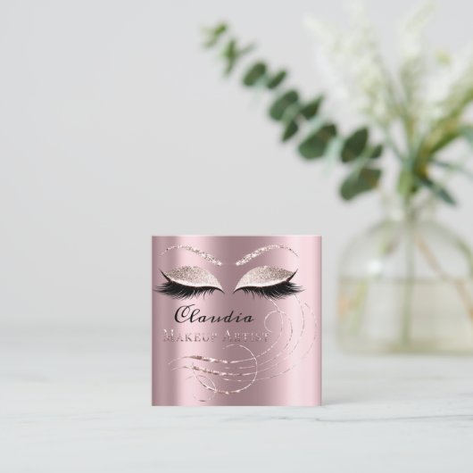 サロンメイクアップアーティストアポイントメントカードピンクローズ スクエア名刺 (スタンド正面)