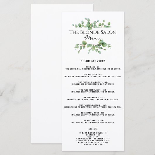 サロン価格表 メニュー (正面/裏面)