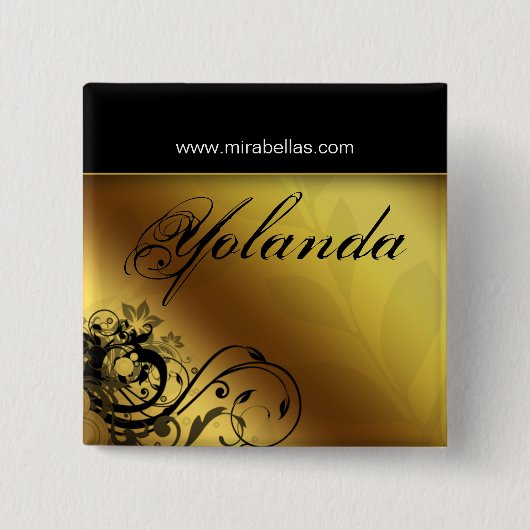 サロン名タグボタンブルック金ゴールドフラワーバタフライ 缶バッジ (正面)