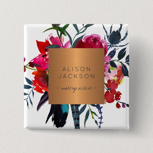 サロン従業員の銅メタリックウォーターカラーブーケ 缶バッジ (正面)
