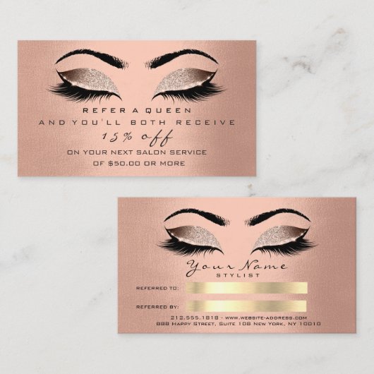 サロン紹介カード赤面バラ金ゴールドメイクアップラッシュ 紹介カード (正面/裏面)