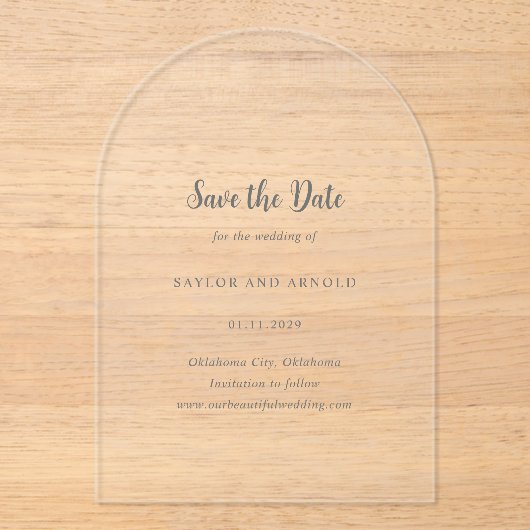 サローモダン結婚式の日付を保存 アクリル招待状 (正面)