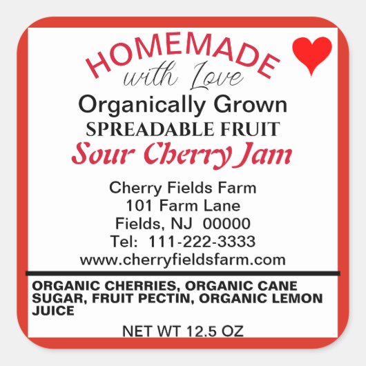 サワーオーガニックさくらんぼジャムカニング名 スクエアシール (正面)
