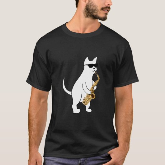 サンおもしろいグラスのサ遊クソフォンT-Sを着た猫 Tシャツ (正面)