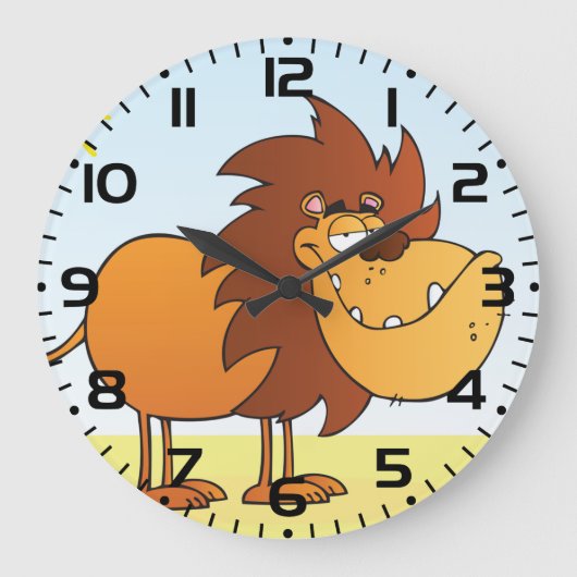 サンおもしろいサファリの動物の漫画のライオン ラージ壁時計 (正面)